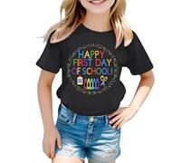 Tee Shirt Fille Couleur Vive Manches Courtes Happy First Day of Scholl Imprimé Haut Col Rond Rayures de Couleur Unie Vêtements D'été pour Enfants de 5-12 Ans Cadeau Rentrée Maternelle