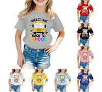 Tee Shirt Fille Couleur Vive Manches Courtes Welcome Back to Scholl Imprimé Haut Col Rond Rayures de Couleur Unie Vêtements D'été pour Enfants de 5-12 Ans Cadeau Rentrée Maternelle