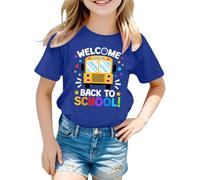 Tee Shirt Fille Couleur Vive Manches Courtes Welcome Back to Scholl Imprimé Haut Col Rond Rayures de Couleur Unie Vêtements D'été pour Enfants de 5-12 Ans Cadeau Rentrée Maternelle