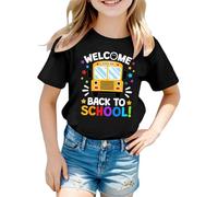 Tee Shirt Fille Couleur Vive Manches Courtes Welcome Back to Scholl Imprimé Haut Col Rond Rayures de Couleur Unie Vêtements D'été pour Enfants de 5-12 Ans Cadeau Rentrée Maternelle
