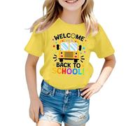 Tee Shirt Fille Couleur Vive Manches Courtes Welcome Back to Scholl Imprimé Haut Col Rond Rayures de Couleur Unie Vêtements D'été pour Enfants de 5-12 Ans Cadeau Rentrée Maternelle