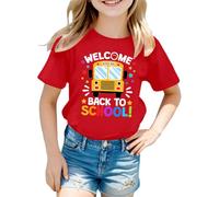 Tee Shirt Fille Couleur Vive Manches Courtes Welcome Back to Scholl Imprimé Haut Col Rond Rayures de Couleur Unie Vêtements D'été pour Enfants de 5-12 Ans Cadeau Rentrée Maternelle