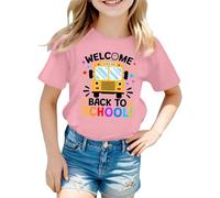 Tee Shirt Fille Couleur Vive Manches Courtes Welcome Back to Scholl Imprimé Haut Col Rond Rayures de Couleur Unie Vêtements D'été pour Enfants de 5-12 Ans Cadeau Rentrée Maternelle
