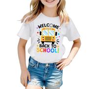 Tee Shirt Fille Couleur Vive Manches Courtes Welcome Back to Scholl Imprimé Haut Col Rond Rayures de Couleur Unie Vêtements D'été pour Enfants de 5-12 Ans Cadeau Rentrée Maternelle