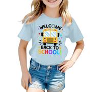 Tee Shirt Fille Couleur Vive Manches Courtes Welcome Back to Scholl Imprimé Haut Col Rond Rayures de Couleur Unie Vêtements D'été pour Enfants de 5-12 Ans Cadeau Rentrée Maternelle