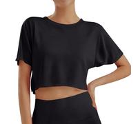 Tee Shirt Fille Manche Courte Col Rond a la Mode Crop Top Ado Fille été Fluide Ample Legere Mignon Confortable Casual Jogging Vacances Haut Blouse 10-16 Ans (Black, 12-13 Ans)