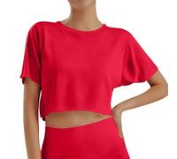 Tee Shirt Fille Manche Courte Col Rond a la Mode Crop Top Ado Fille été Fluide Ample Legere Mignon Confortable Casual Jogging Vacances Haut Blouse 10-16 Ans (Red, 15-16 Ans)