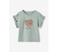 Tee-shirt fille motif romantique manches courtes à volant vert sauge 10A