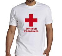 Tee Shirt Geek - Humour - Croix Rouge - Donneur d'orgasmes - 100% Coton - Luxe - Blanc - M