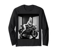Tee-Shirt Graphique Sexy pour Fille Blonde et vélo de Rue Noir et Blanc Manche Longue