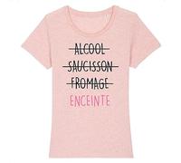 Tee Shirt Grossesse Alcool, Saucisson, Fromage, Enceinte - pour Femme - Imprimé en France - Coton 100% Bio - Cadeau Annonce Grossesse Maman Original Rigolo (Rose, M)