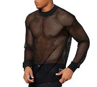 Tee Shirt Homme Casual Transparent T Shirt Homme Chic Respirant Tshirt Homme en Maille T-Shirt Homme Sport Résille T-Shirts à Manches Longues Homme Confortable Tee Shirt Homme Clubwear