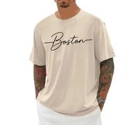 Tee-Shirt Homme Col Rond Manches Courtes Coupe Ajustée Imprimé Boston Tissu Stretch Respirant Doux Confortable pour L'Été Et Le Quotidien Mode Vêtements Décontracté