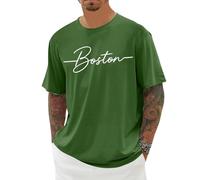 Tee-Shirt Homme Col Rond Manches Courtes Coupe Ajustée Imprimé Boston Tissu Stretch Respirant Doux Confortable pour L'Été Et Le Quotidien Mode Vêtements Décontracté