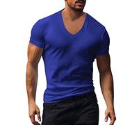 Tee Shirt Homme col v Profond Slim t-Shirt Muscle fit Homme Grande Taille Coupe ajustée Casual t-Shirts à Manches Courtes Homme Sport Fitness Musculation Faire des Exercices Aptitude Hauts (Blue, L)