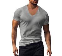 Tee Shirt Homme col v Profond Slim t-Shirt Muscle fit Homme Grande Taille Coupe ajustée Casual t-Shirts à Manches Courtes Homme Sport Fitness Musculation Faire des Exercices Aptitude (Grey, XL)