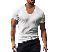 Tee Shirt Homme col v Profond Slim t-Shirt Muscle fit Homme Grande Taille Coupe ajustée Casual t-Shirts à Manches Courtes Homme Sport Fitness Musculation Faire des Exercices Aptitude (White, L)