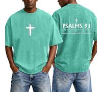 Tee-Shirt Homme Manches Courtes Effet lavé Croix psaumes 91 imprimé Double Face/t-Shirt Coupe Oversize Coton Style chrétien Street/Tenue décontractée Sortie église terrasse Estival Multi-Teintes