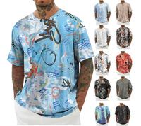 Tee Shirt Homme Manches Courtes Imprimé Plage T-Shirt Funky Tops Haut Décontracté Casual Tshirt Été Vêtements Hip-Hop Chemise Col Rond Chemises Hawaienne Warehouse Bleu Clair 4XL