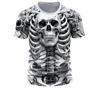 Tee Shirt Homme Tete de Mort Motif 3D Imprimé t-Shirts à Manches Courtes Homme Grande Taille col Rond t Shirt Homme Squelette Fantaisie Costume d'halloween Carnaval de fête Shirts (White, XXL)