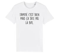 Tee Shirt L'amitié C'est Bien - pour Homme - Imprimé en France - Coton 100% Bio - Cadeau Anniversaire Humour Punchlines Original Rigolo (Blanc, L)