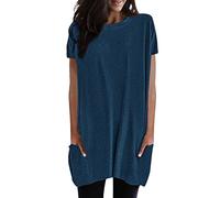 Tee Shirt Long Femme avec Poche Ourlet Ample à Manches Courtes Et Col Rond Tshirt en Coton D'été Oversize Basique Top Élégant Tunique Haut Long pour Leggings DéContractéE Blouse