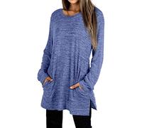 Tee Shirt Long Femme Sport Tunique Manche Longue Grande Taille Pull Ample Décontracté Chemise Lache Haut Simple Mode Blouse Col Rond Robe Courte avec Poche Pullover Top Uni Mini Dress Swag Sweatshirt