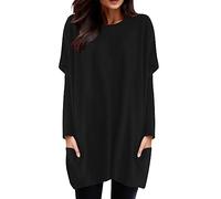 Tee Shirt Long Sport Femme à Manche Longues Printemps T-Shirt avec Poches Col Rond Couleur Unie Chemisier Chic Lâche Haut Long Baggy Tunique Tops Grande Taille Pas Cher Hauts Sweat-Shirt (01-Black, L)