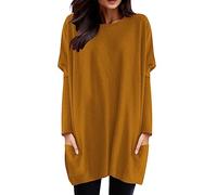 Tee Shirt Long Sport Femme à Manche Longues Printemps T-Shirt avec Poches Col Rond Couleur Unie Chemisier Chic Lâche Haut Long Baggy Tunique Tops Grande Taille Pas Cher Hauts (01-Orange, XXL)