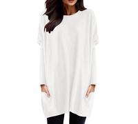 Tee Shirt Long Sport Femme à Manche Longues Printemps T-Shirt avec Poches Col Rond Couleur Unie Chemisier Chic Lâche Haut Long Baggy Tunique Tops Grande Taille Pas Cher Hauts (01-White, XXXXL)