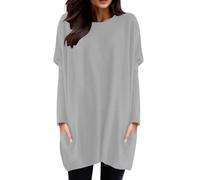 Tee Shirt Long Sport Femme à Manche Longues Printemps T-Shirt avec Poches Col Rond Couleur Unie Chemisier Chic Lâche Haut Long Baggy Tunique Tops Grande Taille Pas Cher Hauts (01-Grey, XXXXL)