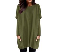 Tee Shirt Long Sport Femme à Manche Longues Printemps T-Shirt avec Poches Col Rond Couleur Unie Chemisier Chic Lâche Haut Long Baggy Tunique Tops Grande Taille Pas Cher Hauts (01-Green, XXXXL)