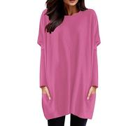 Tee Shirt Long Sport Femme à Manche Longues Printemps T-Shirt avec Poches Col Rond Couleur Unie Chemisier Chic Lâche Haut Long Baggy Tunique Tops Grande Taille Pas Cher Hauts (01-Red, XXXXXL)
