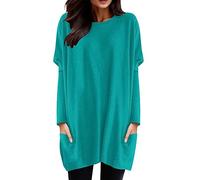 Tee Shirt Long Sport Femme à Manche Longues Printemps T-Shirt avec Poches Col Rond Couleur Unie Chemisier Chic Lâche Haut Long Baggy Tunique Tops Grande Taille Pas Cher Hauts (01-Sky Blue, XXXXL)