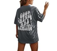 Tee Shirt Manche 3/4 Femme, Sport Vintage T-Shirts Oversize Long Très Large Top Manches Courtes Chic et Élégant Blouse Anti UV Grande Taille Été Tee Shirt, Dark Gray, XXL