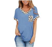 Tee Shirt Manche Courte à Col en V pour Femme T-Shirts D'été Chic Chemise Léopard Imprimés Décontractés Amples avec Poche Décorative Chic Haut Tops Grande Taille de Casual