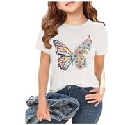 Tee Shirt Manche Courte Enfant Fille Ete 3-13 Ans Papillon Chemisier Adolescent Fille été col Rond Chic Pas Cher Habillée Fashion Confortable Casual Vacances Top Hauts (White, 12-13 Years)
