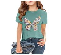 Tee Shirt Manche Courte Enfant Fille Ete 3-13 Ans Papillon Chemisier Adolescent Fille été col Rond Chic Pas Cher Habillée Fashion Confortable Casual Vacances Top Hauts (Green, 6-7 Years)