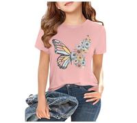Tee Shirt Manche Courte Enfant Fille Ete 3-13 Ans Papillon Chemisier Adolescent Fille été col Rond Chic Pas Cher Habillée Fashion Confortable Casual Vacances Top Hauts (Pink, 8-9 Years)