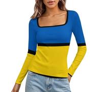 Tee Shirt Manche Longue Femme Col Carré Drapeau Ukraine