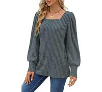 Tee Shirt Manche Longue Femme Col en U, Pull Chaud Femme Vintage Décontracté Coupe Ample Couleur Unie Tunique Chic Et Élégants Passe-Partout Tempérament Sweater Confortable Doux Automne Chandail