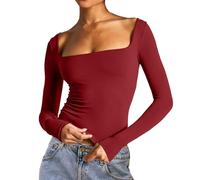 Tee Shirt Manche Longue Femme Moulant, Top Décolleté Sexy Col Carré-Haut élasticité Slim Fit Tuniques Régulière Coupe Serré Solide la Grâce Blouse Classique Basic Tendance Élégant Chemise