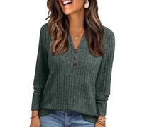 Tee Shirt Manche Longue Femme Oversize Coton Pull Femme Hiver Chaud Col V Grande Taille Laine Sweatshirts Top Chaude Sport Pas Cher Tshirt Slim Fit Basique sous Pull(Vert armée,L)