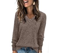Tee Shirt Manche Longue Femme Oversize Grande Taille Pull Femme Chic Et Elegant Col V Coton Laine Sweatshirts Tee Shirt Chaude Sport Pas Cher Top Classics Slim Fit Sweat(Café,XL)