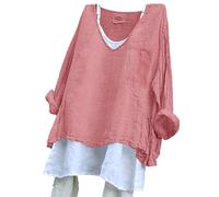 Tee Shirt Manche Longue Femme Oversize Tee Shirt Japonais Femme T-Shirt avec Poche Tshirt Décontractés Blouse en Coton Et Lin Haut Courte Top Respirant Vêtements Couleur Unie Loungewear T-Shirt