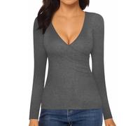 Tee Shirt Manche Longue Femme - Pull Femme Croix en Col V Profond - sous Vetement Thermique Femme - sous Pull Femme - Vetement Decollete Plongeant Hiver