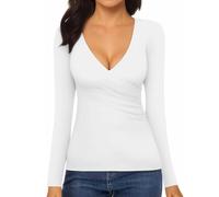 Tee Shirt Manche Longue Femme - Pull Femme Croix en Col V Profond - sous Vetement Thermique Femme - sous Pull Femme - Vetement Decollete Plongeant Hiver