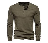 Tee Shirt Manche Longue Homme Col Tunisien- Blouse De Travail Couleur Unie MéLange De Coton Regular Fit Haut Quatre Boutons Quatre Saisons Top DéContracté Slim Tunique Passe-Partout Chemise