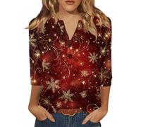 Tee Shirt Noel Femme Manche 3/4 Haut De Noel Femme Impression Hauts Col en V Unique Classique Top Décontractée Rouge foncé XXL