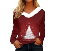Tee Shirt Noel Femme Manche Longue Haut De Noel Femme Col en V Hauts Impression Mode Classique T-Shirts Unique Blanc XL